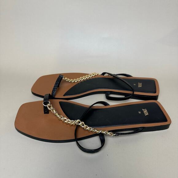 Zara Black Flat Sandals with Gold Chain Detail Stylish Women's Footwear Size 38 - Picture 3 of 4